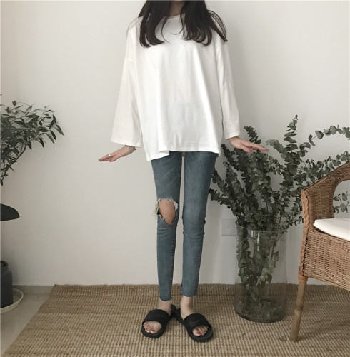 Real-time photography of a hundred sets of simple pure-color jacket, round collar and collar, loose Bf wind, multi-color long-sleeved T-shirt, Female Qiu