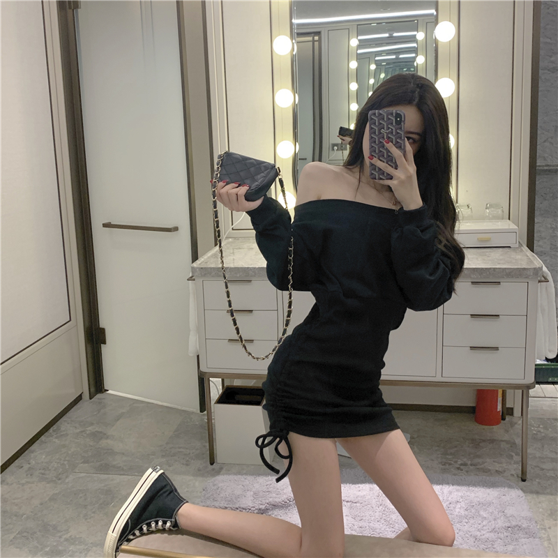 Real picture one line off shoulder sexy waist show thin wrap hip short skirt drawstring pleated long sleeve bottom dress female