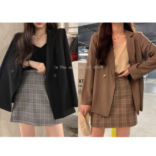Real-price temperament suit + knitted bottom suspender + checked half-length skirt
