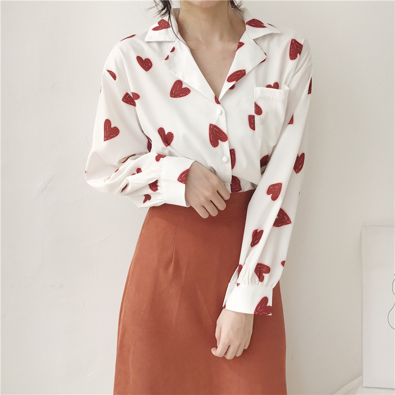 Real-price Korean version of vintage love printed Lapel shirt jacket