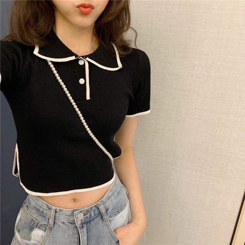 Real Price Classic net red polo collar collision color short sleeve knitted T-shirt blouse woman