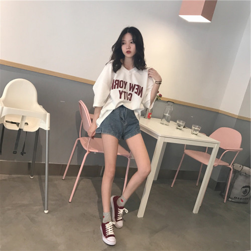 Official Korean version of Chic Harajuku Style Simple V-collar printed 100 sets of short-sleeved T-shirt undercut 65/35 cotton