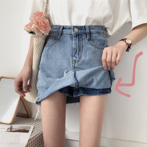 Real shot! Tested to Wash Old Ribbed A-shaped Jeans Short Skirts and Skirts with High Waist and Slim Wash in South Korea