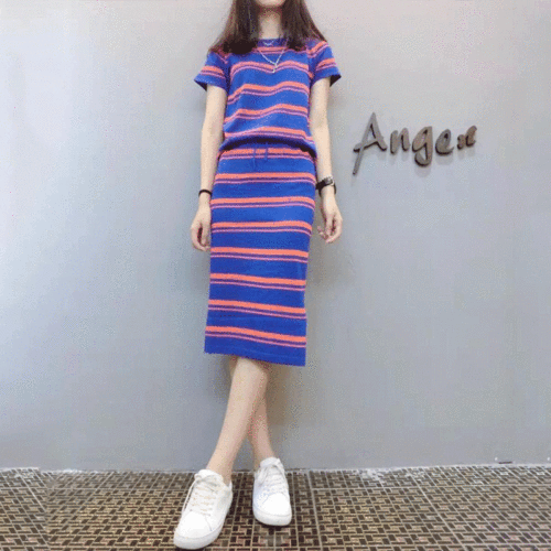 European Station 2018 Summer Dress New European Trend Knitted Stripe Skirt Fashion Leisure Suit Women