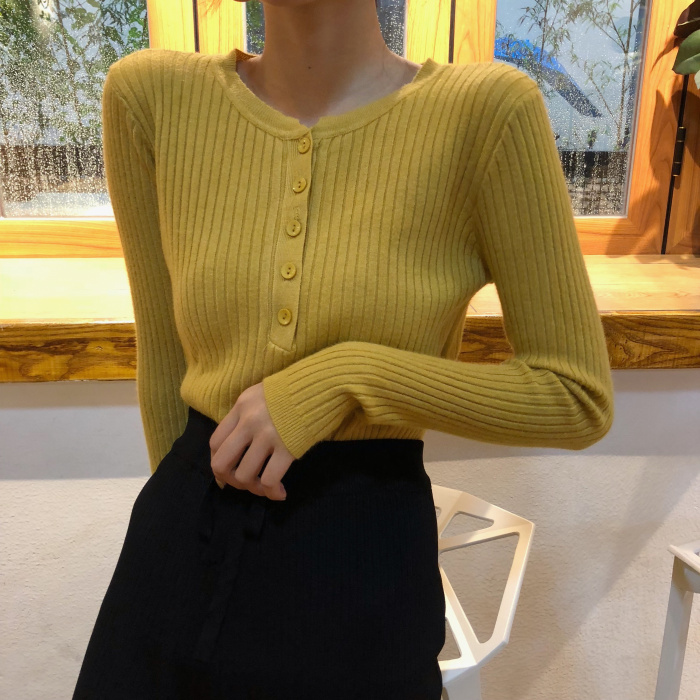 Autumn 2019 New Tight Long Sleeve Button Knitted Shirt with Bottom Blouse