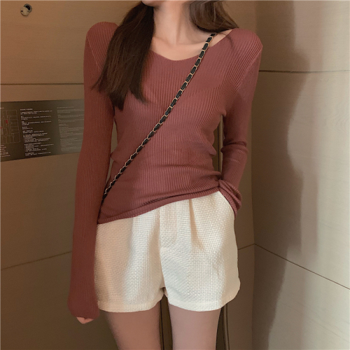 Real-price 8-color elastic full care machine long sleeve V-collar skinny knitted jacket