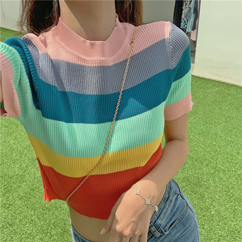 Rainbow Knitting Short Sleeves with Controlled 29~Real Price Stripe