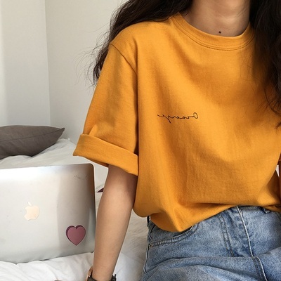 Short-sleeved T-shirt Spring and Summer 2019 New Korean Version Loose Student Uzzang Hong Kong Chic Heart Machine Top
