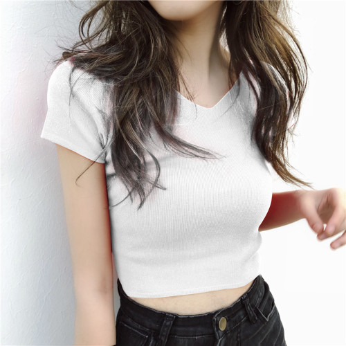 Real Value of Short Sleeve Knitted Bottom Shirt with V-collar Hollowed-out Umbilical Cord