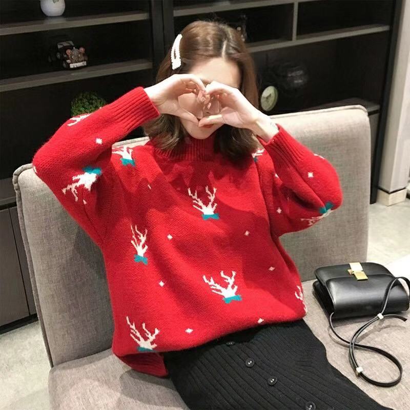 Autumn and winter women's dress fairy net red half high collar sweater loose lazy wind warm top winter wear T-shirt