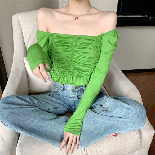 Actual Shoulder Butter Green Long Sleeve T-shirt Female Feeling Fold Shoulder Short Slim Slim Clavicle Top