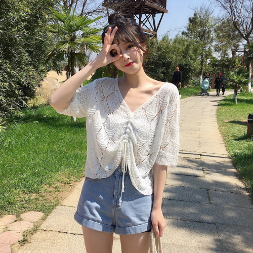 Short sleeve knitted sweater with 33V collar