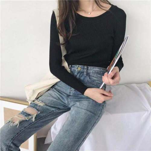 Fall and Winter of 2019 New Korean Edition Slim Bottom Knitted Bottom Shirt with Elastic Long Sleeve