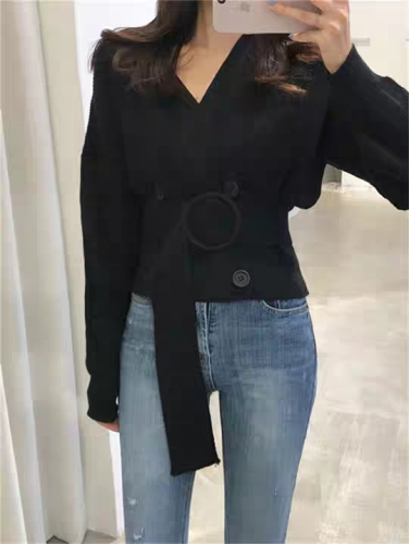 Fall and Winter 2019 New Korean OL Temperament V-collar Double-breasted Knitted Fashion Short Sweater Opener Top