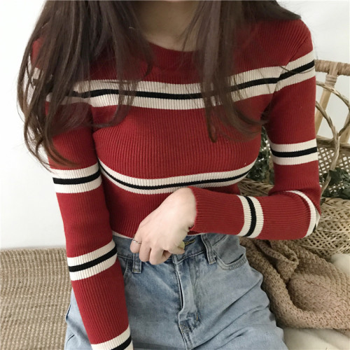 Slender and Long Sleeve Knitted Sweater with Matched Coloured Round-collar and Elastic Strength