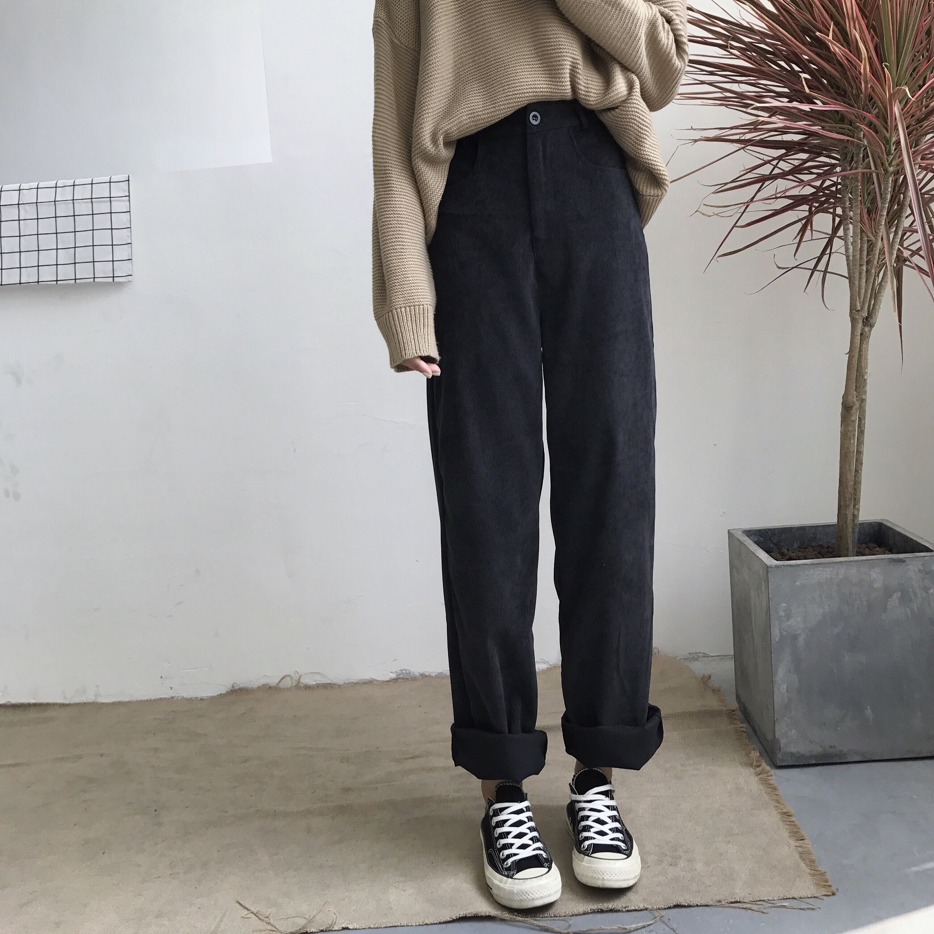Real-time high-waist corduroy sailor breeze trousers wide-legged pants in black/apricot colors