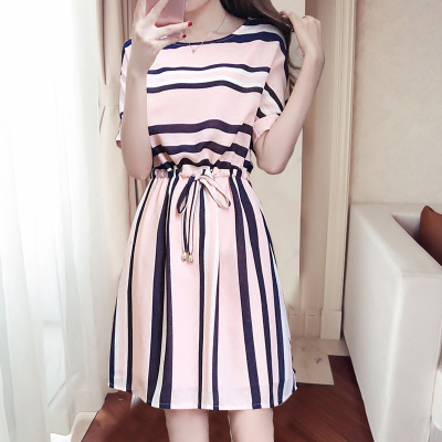 Dress short sleeve casual stripe skirt summer new large women's wear thin