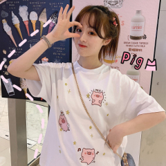 Korean loose pig printed short sleeve T-shirt women's net red white top student medium long bottoming shirt