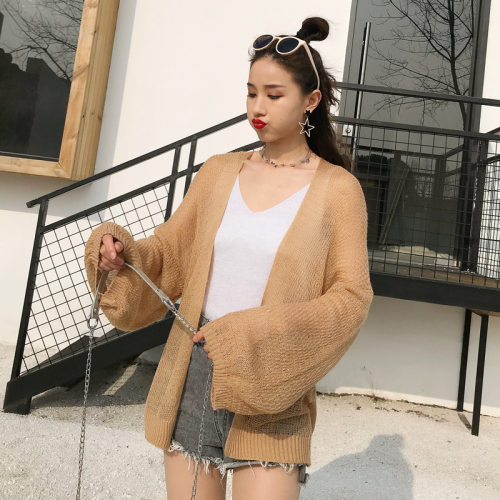 Spring and autumn Hong Kong style retro style Slouchy thin long sleeve T-shirt with thin sunscreen cardigan