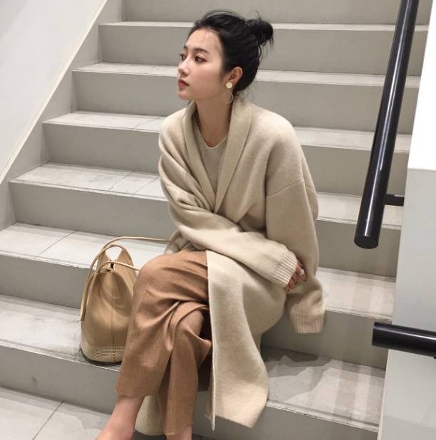 Autumn and Winter New Korean Chic Wind Long Knitted cardigan with knee tie and open-forked loose sweater jacket