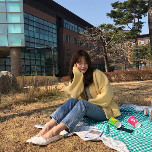 Sweaters, cardigans, women's fall 2019 Korean version of loose, lazy, yellow short-style college wind knitted sweater jacket