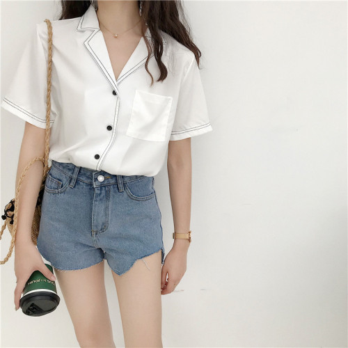 Short-sleeved shirt with retro style and real price, women's suit collar, casual simple jacket and white tie are thin