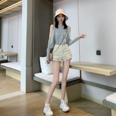 Real Price Design Sense Small Crowds Shoulder Stripe Shirt White Band High-waist Jeans Shorts