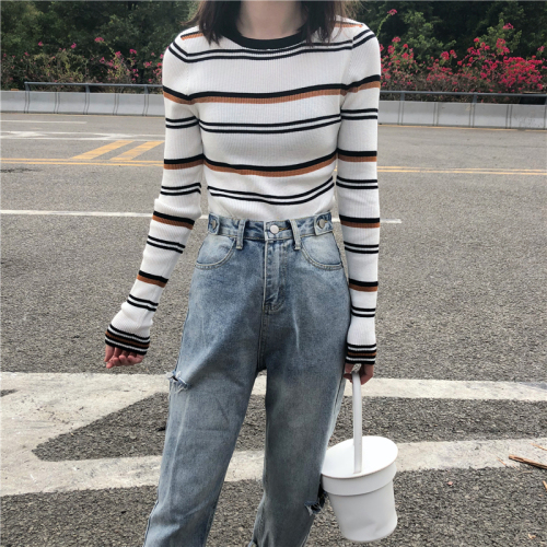 Real photo, real price, slim, contrast color, stripe, knitted base coat, all-around top girl