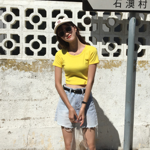 Short-sleeved T-shirt, short-style and pure-color body-repair jacket of Korean version in summer