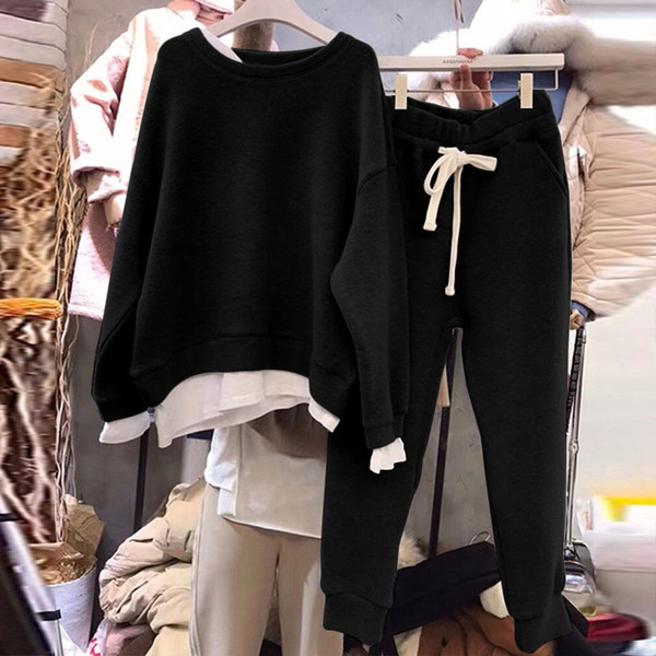 South Korea's East Gate New Winter and autumn fake two pieces of loose sweater cover meat show thin black sports leisure suit