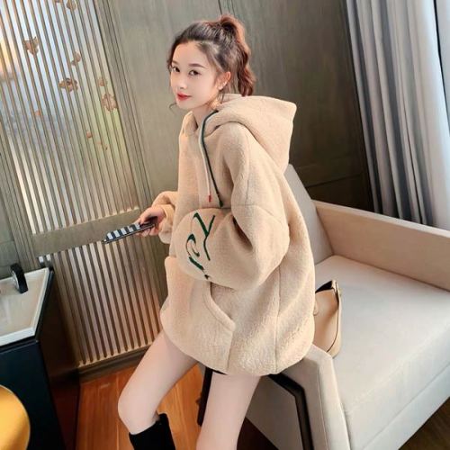 Lambs Plush sweater women's autumn and winter new loose Korean version lazy wind thickened hooded top trend