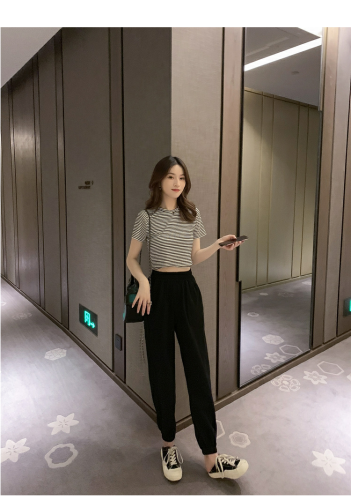 Summer 2019 New Korean T-shirt with Show waist and Hallen trousers two-piece casual suit of Baitao College Style