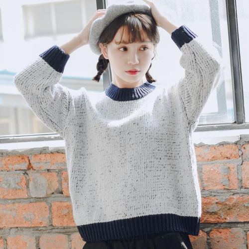 Korean loose, retro, fresh, mixed wool, contrast color, put on pullover, round neck sweater, women's new autumn knitwear