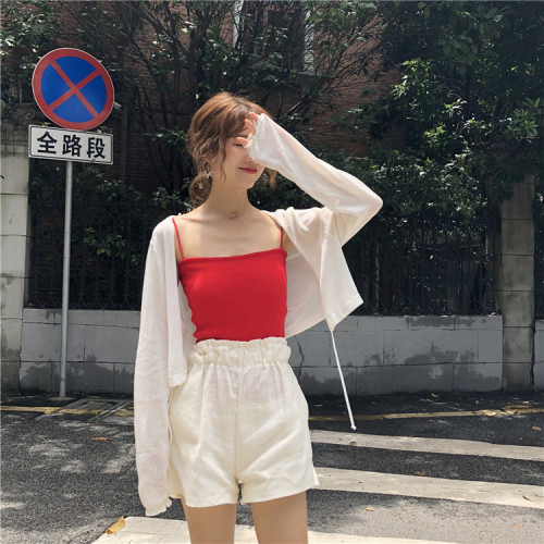 Korean version sunscreen cardigan short loose tie pure color long sleeve 100-tie knitted sweater