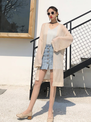 Actual spring and summer hollow knitted cardigan air conditioner shawl with medium and long loose thin sunscreen