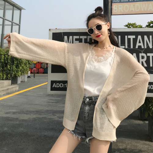 Spring and autumn Hong Kong style retro style Slouchy thin long sleeve T-shirt with thin sunscreen cardigan