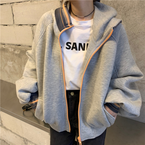 Real photo real price new style sweater in autumn and winter color contrast zipper hooded Hong Kong Style Hooded Coat fashion