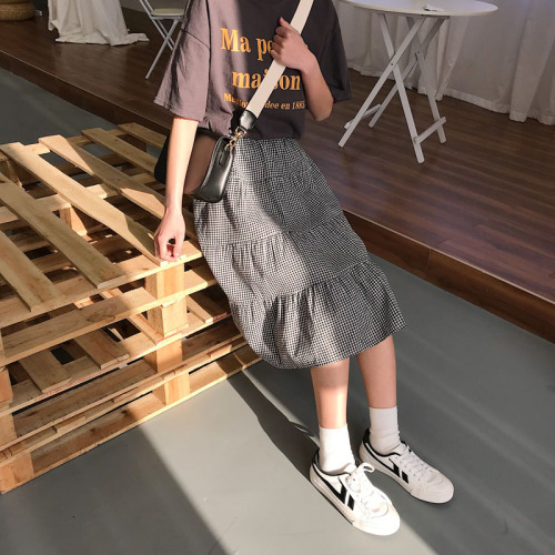 Actual shooting of new Korean Plaid stitching tight waist mid-long half-length skirt has been detected + Video