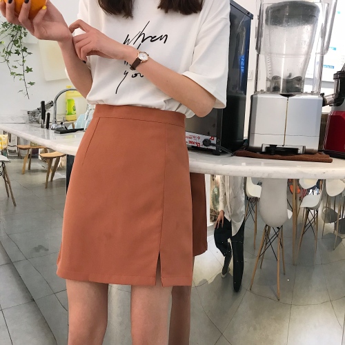 Real-price one-sided open-forked back zipper high waist pure-color suit A-shaped half-length skirt
