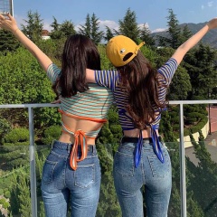 Ghost horse Girl Korean stripe slim contrast color back hollow tie knit short sleeve T-shirt girl