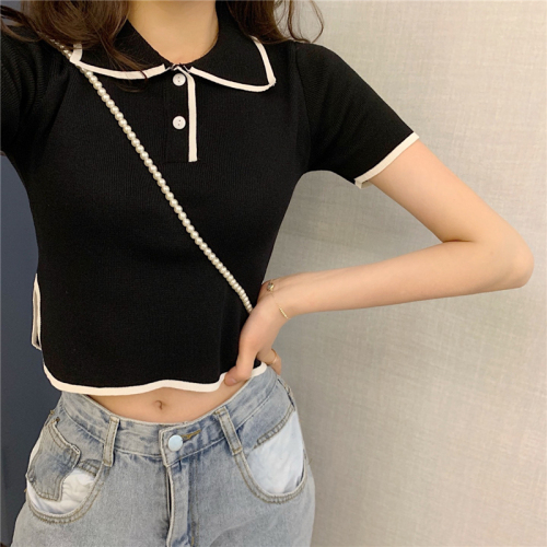 Real photo real price classic net red all-around collar color contrast Short Sleeve T-Shirt Top Female