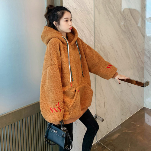 Lambs Plush sweater women's autumn and winter new loose Korean version lazy wind thickened hooded top trend