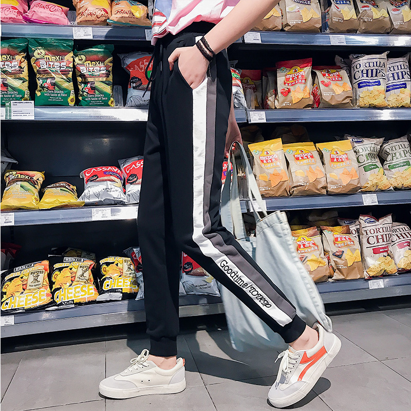 Real photo of new letter printing couple's one bar legged sports pants women's casual pants student pants