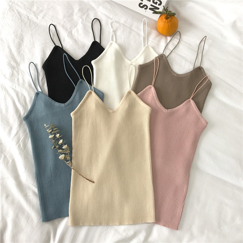 Quality inspection report ~ real price ~ real photo ~ Korean spring knitted suspender vest solid color basic bottoming blouse for women