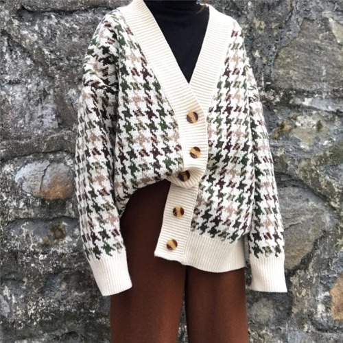 Autumn Korean retro collar thousand bird pattern thickened knitwear coat medium length long sleeve sweater cardigan woman