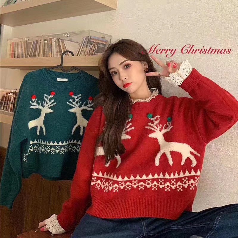 Net red Kaka autumn and winter knitwear christmas new fur ball deer snowflake Pullover Sweater Top trend