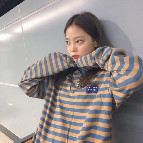 South Korean autumn dress with stripe long sleeve T-shirt loose set head