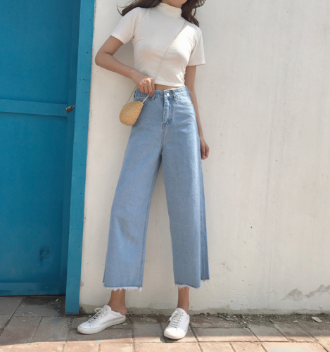 Actual Shot of 2017 New Type 100-Belt High-waist Jean Broad-legged Pants with Loose Hair Edge and Nine-minute Pants