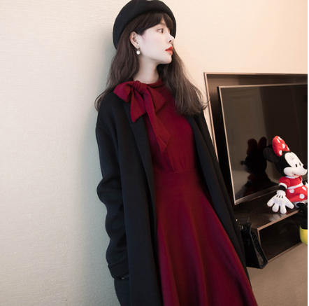 Autumn French style vintage Hepburn small fragrance foreign air red inside with knitted sweater Long Sleeve Dress NEW