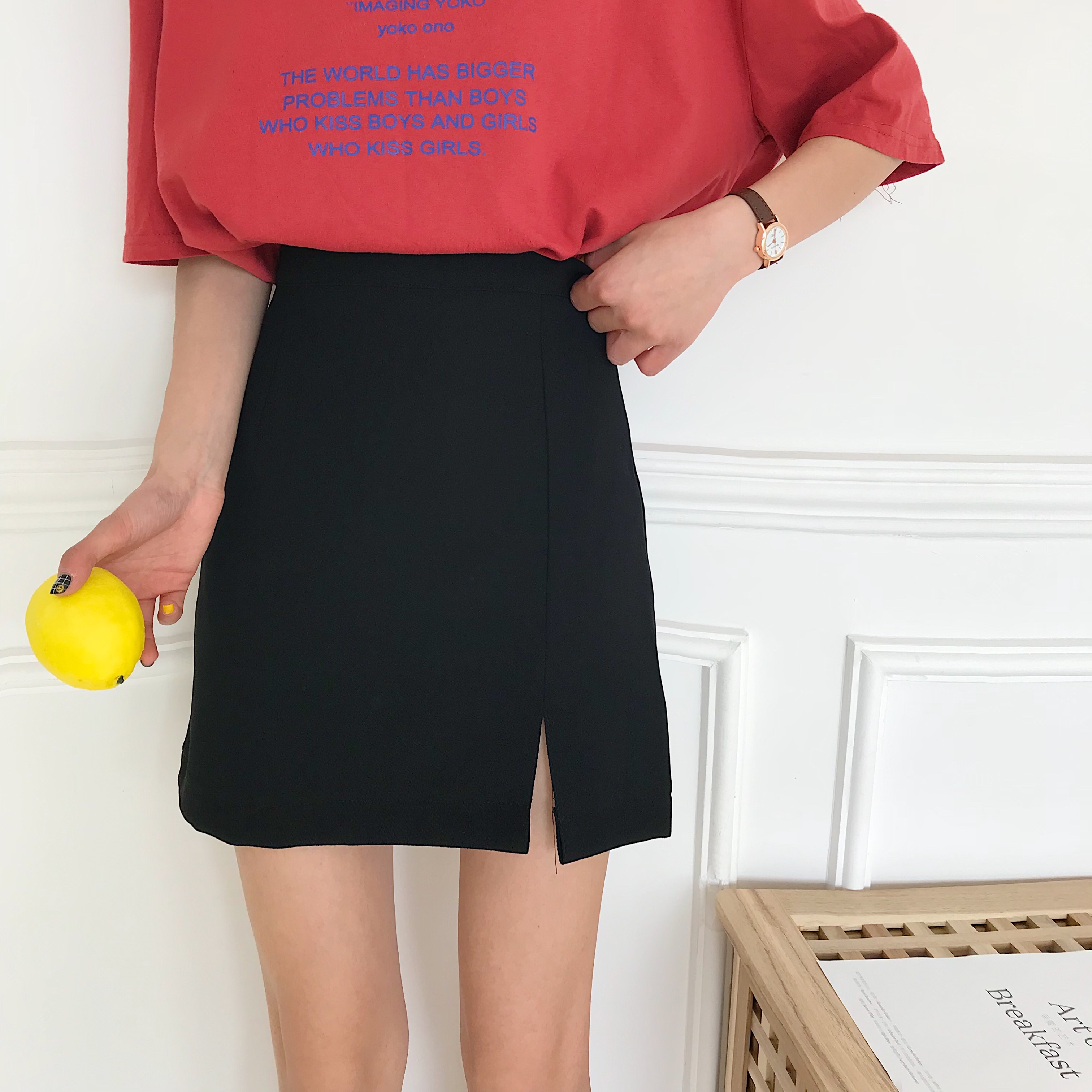 Real-price one-sided open-forked back zipper high waist pure-color suit A-shaped half-length skirt